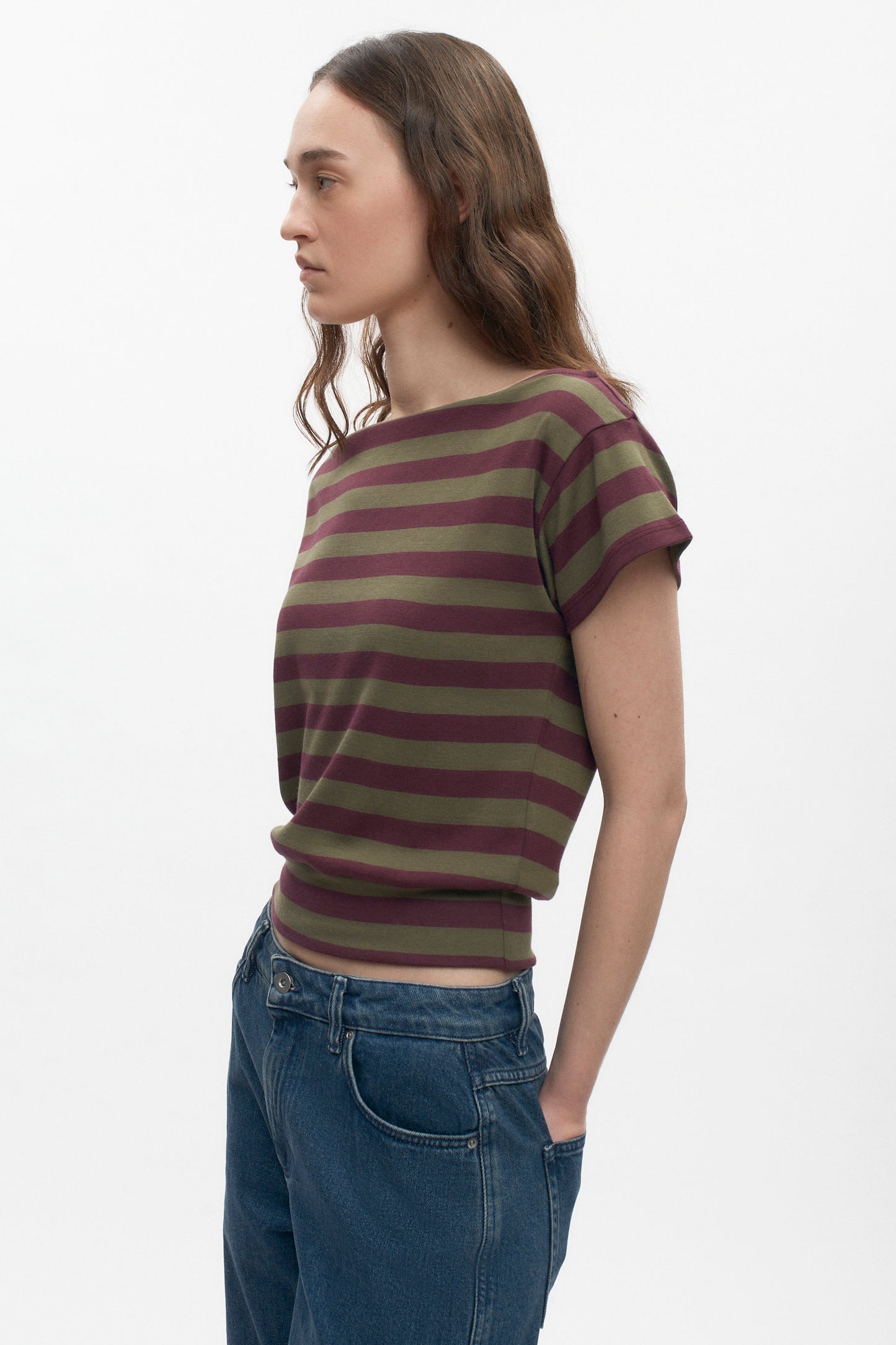 Women's Striped Boatneck Banded Tee in Plum/Olive Stripe
