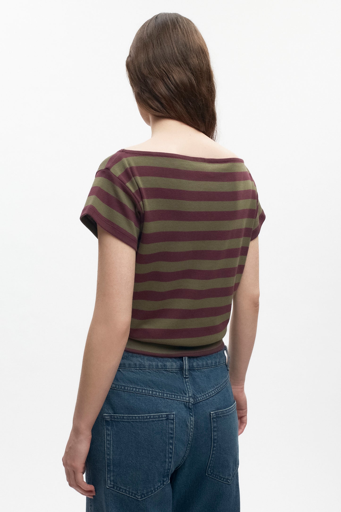 Women's Striped Boatneck Banded Tee in Plum/Olive Stripe
