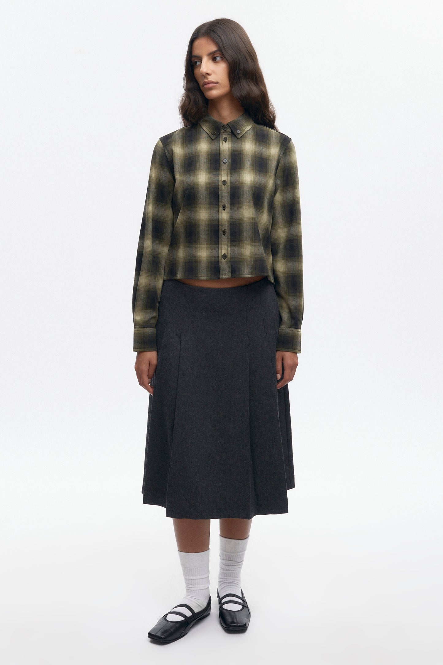 Women's Wool Flannel Shirt in Olive Plaid