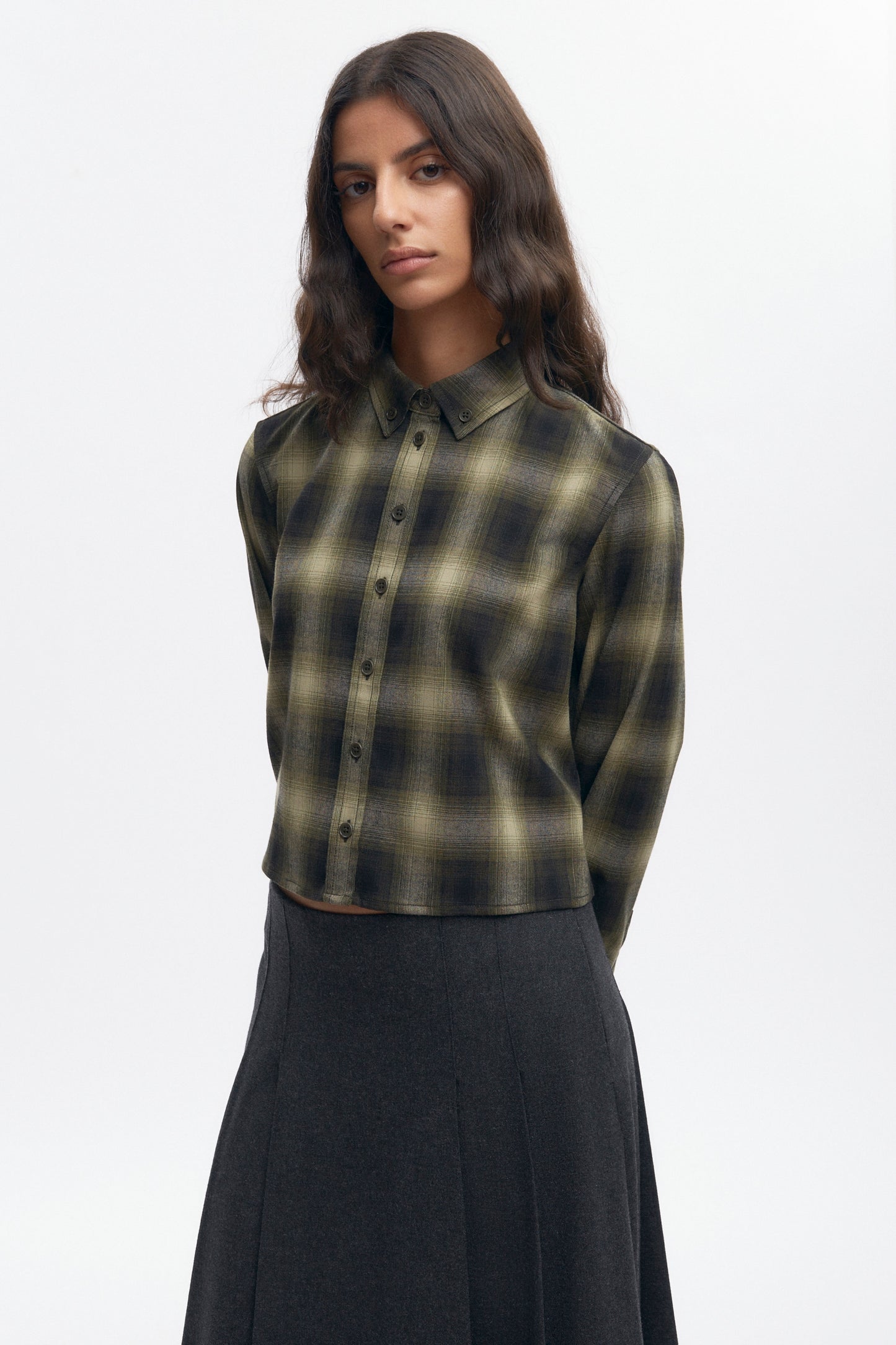 Women's Wool Flannel Shirt in Olive Plaid