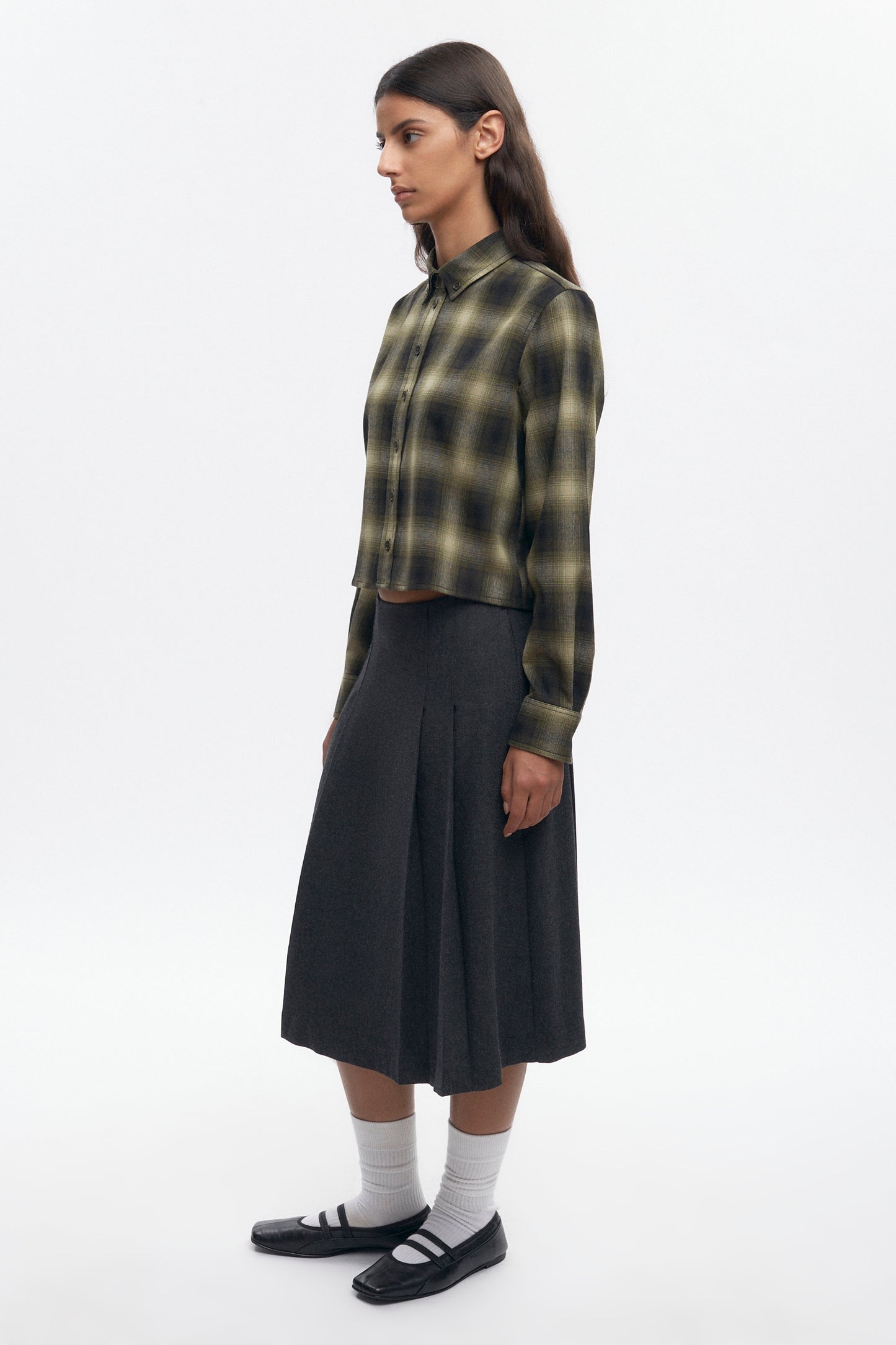 Women's Wool Flannel Shirt in Olive Plaid