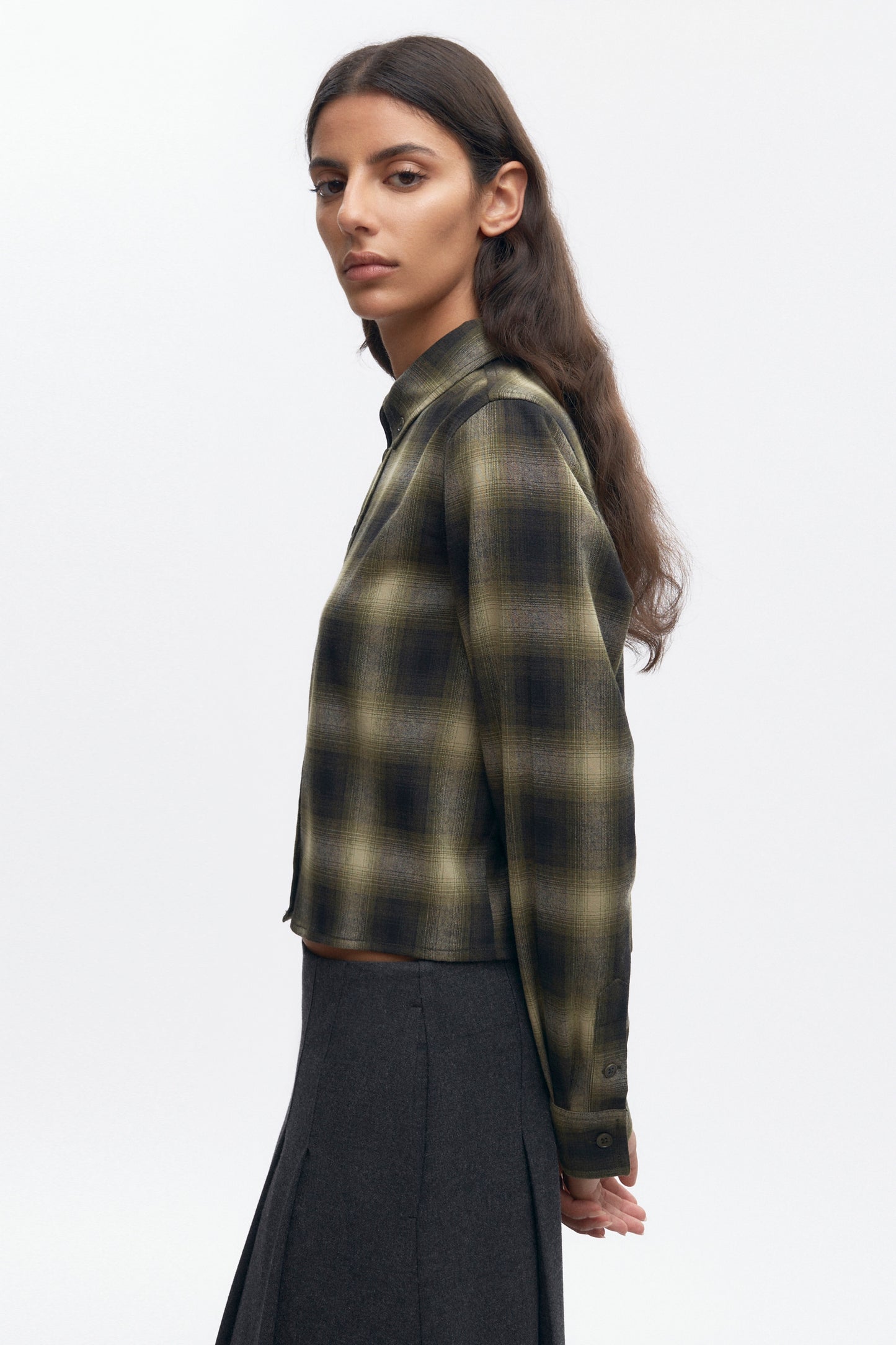 Women's Wool Flannel Shirt in Olive Plaid