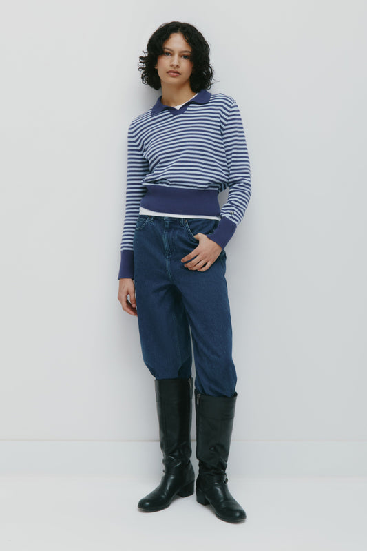 Women's Varsity Polo Sweater in Blue Aura/Dark Indigo Stripe